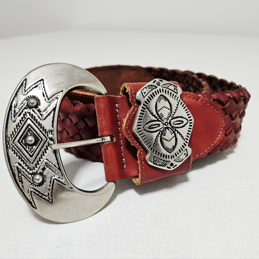 Vintage Mens Wide Braided Leather Belt Silver Western Aztec Buckle Red L